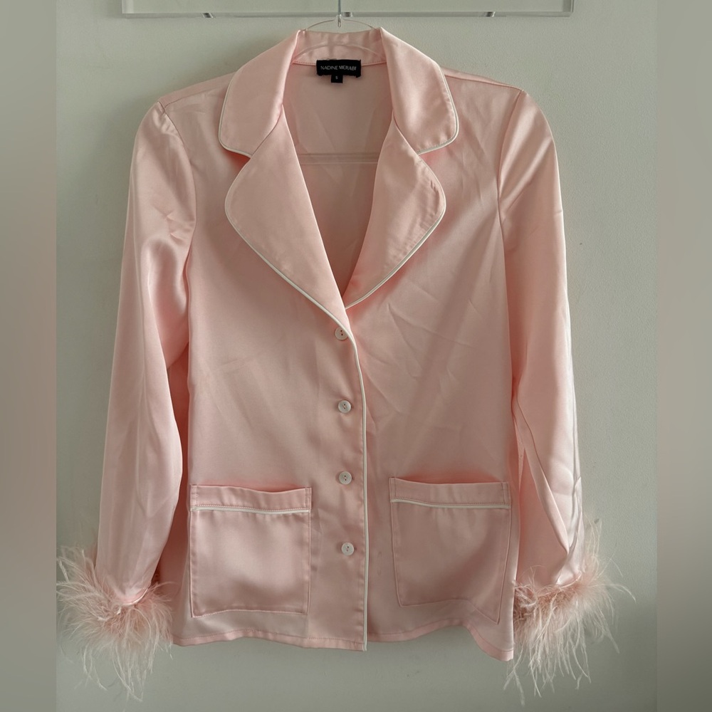 NADINE MERABI Pink Feather Trim Pajama top - Picture 3 of 5